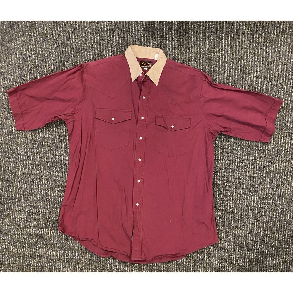 Vintage Plains Western Wear Mens button up Shirt Size L Red Short Sleeve